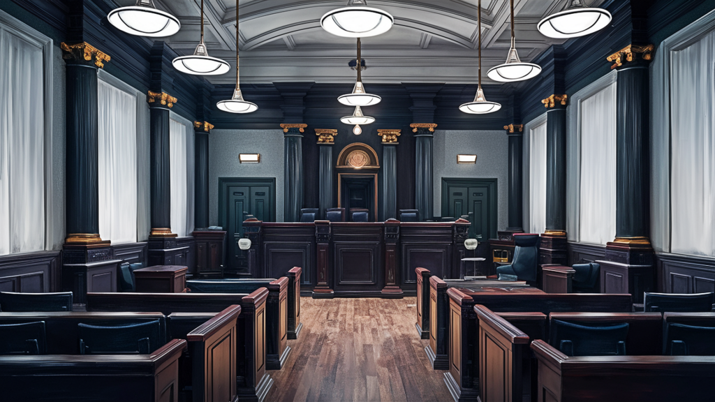 Traditional courtroom interior with judge's bench, seating, and legal furnishings prepared for judicial proceedings.