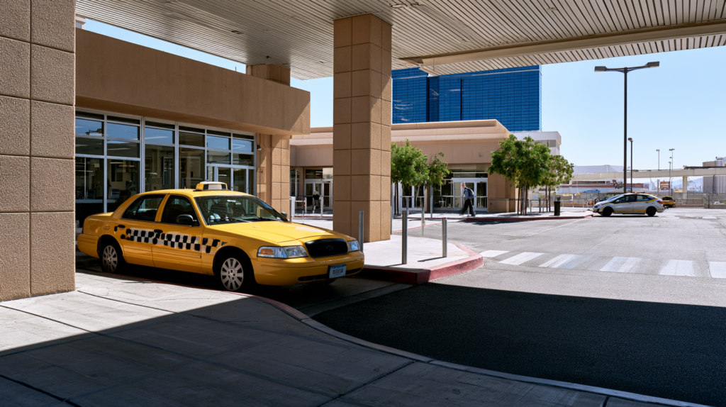 Las Vegas taxi outside a transportation facility representing taxi permit applications and licensing decisions involving criminal records.