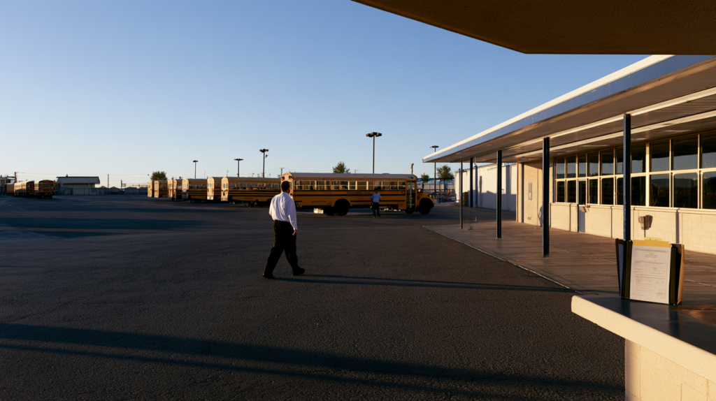 School transportation employee walking through a bus facility where employment records and driver qualifications are reviewed.