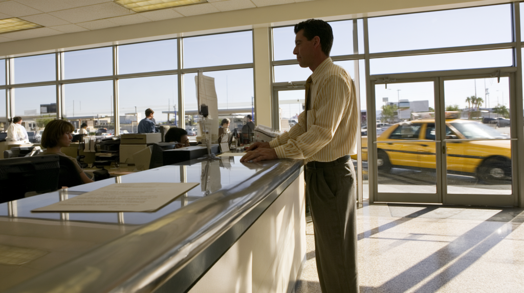 Taxi permit applicant speaking with staff at a Las Vegas transportation office after a licensing or background review.