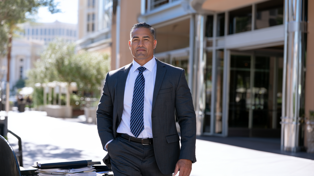 Professional man in Las Vegas preparing to return to work after addressing a criminal record.