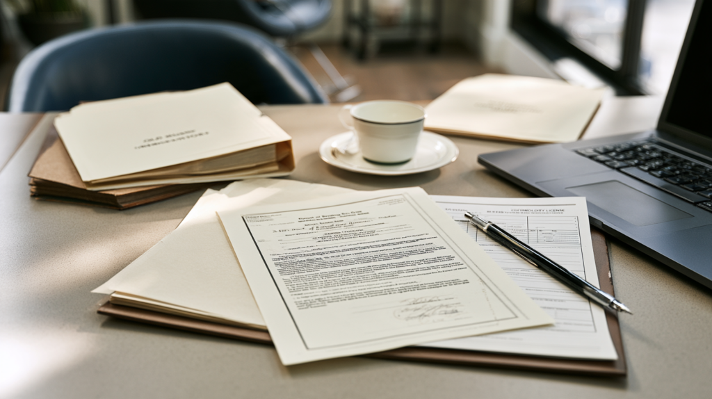 Professional licensing documents representing a Nevada barber or cosmetology application and criminal background review.