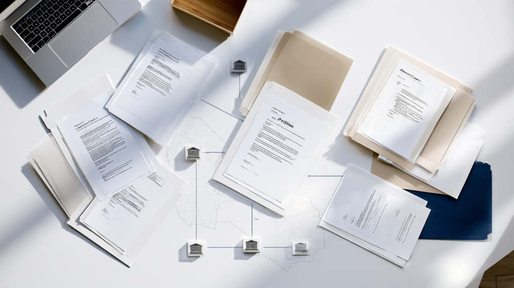 Court documents organized by jurisdiction, representing the importance of filing a Nevada record sealing petition in the correct court.