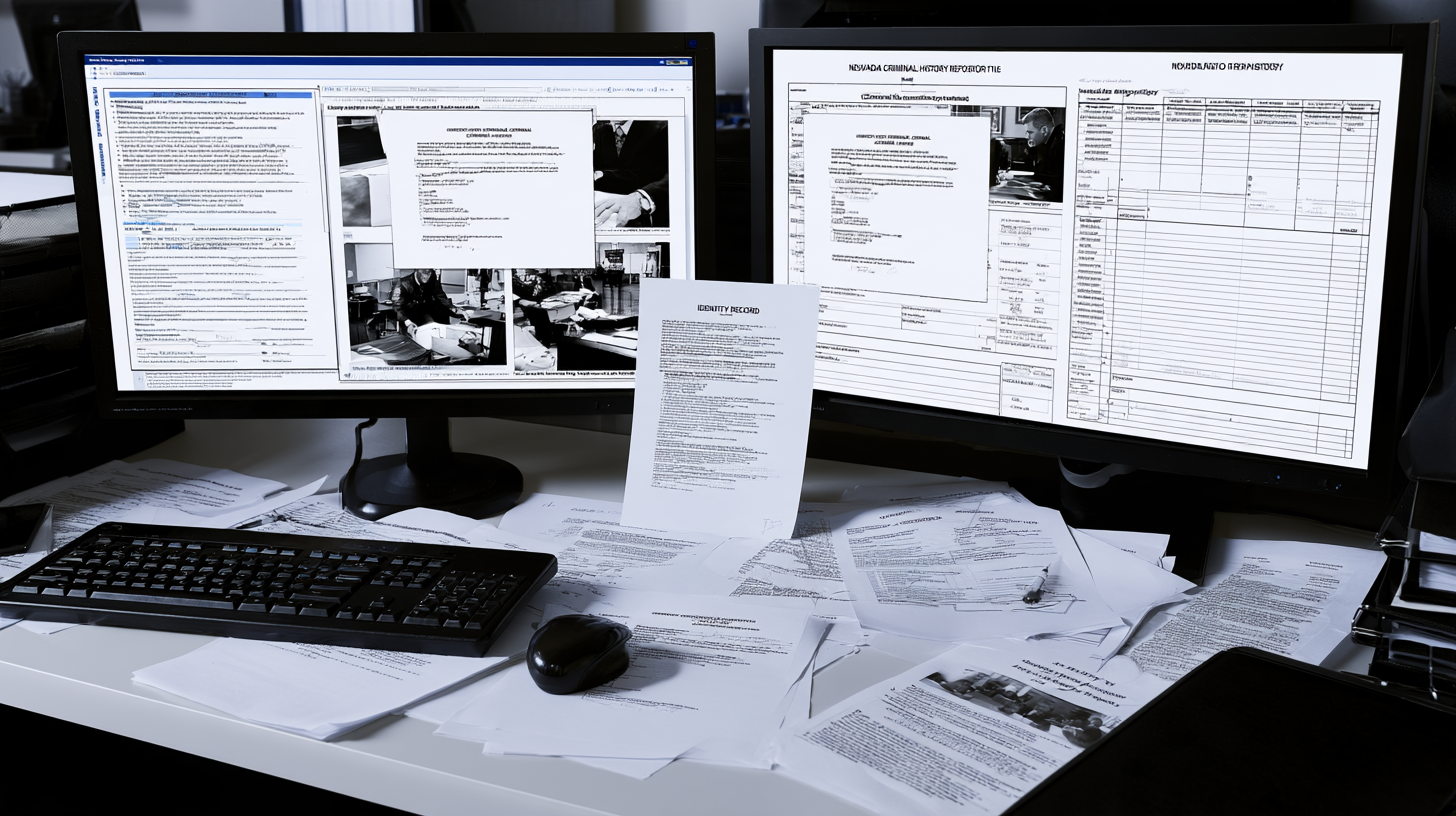 Computer screens displaying identity and Nevada criminal history records during a review of a background check error.