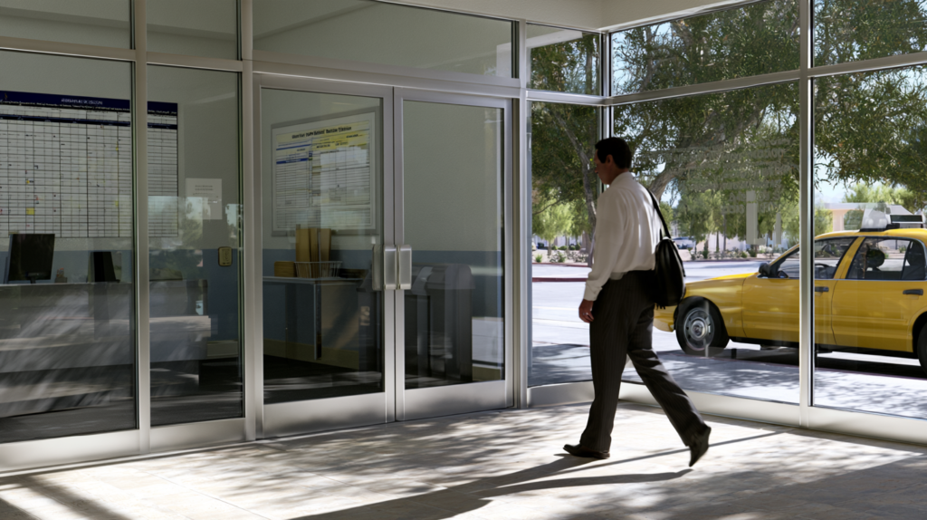 Applicant entering a Nevada transportation office to address a denied taxi permit and review appeal options.