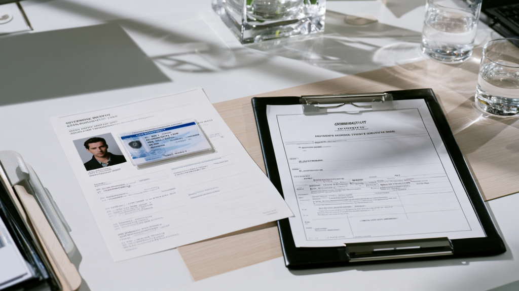 Identification and background check documents being reviewed for errors involving another person’s criminal record.