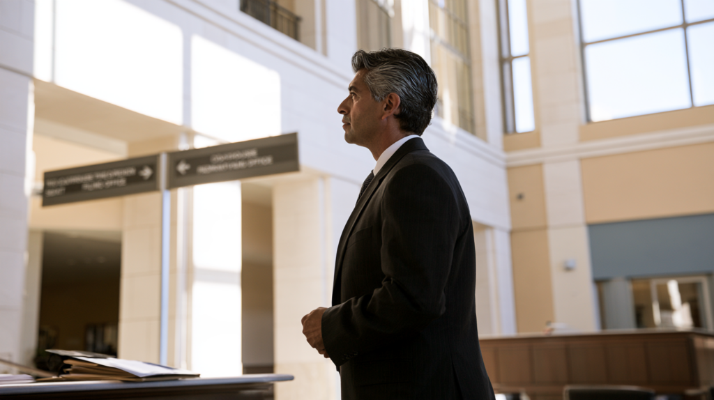 Attorney inside a courthouse preparing to file a record sealing petition in the proper Las Vegas court