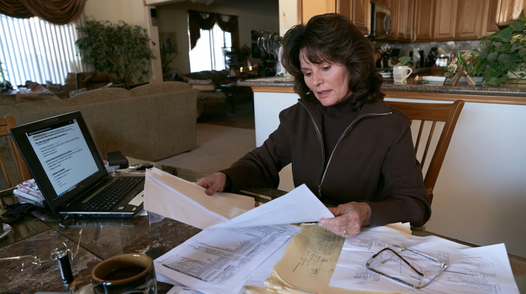 Woman reviewing employment and background check documents at home while applying for a Nevada caregiver position.